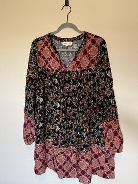 Tassels N Lace Boho Floral Blouse Size L Mixed Print Peasant Top Flowy